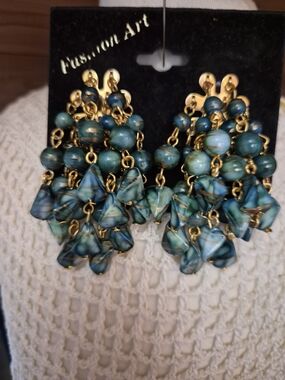 Vintage Teal and Gold Cluster Dangle Earrings